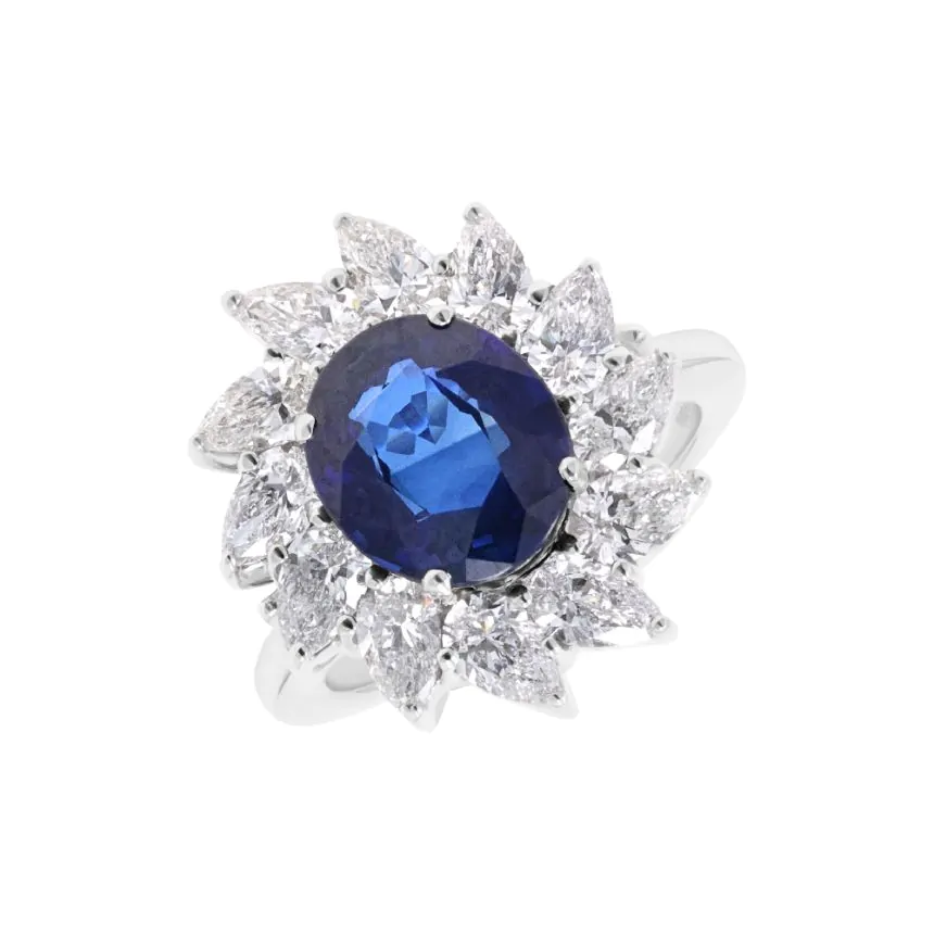 18ct White Gold 4.55ct Sapphire and 2.23ct Diamond Cluster Ring