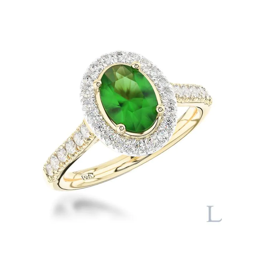 18ct Yellow Gold 1.49ct Oval Cut Emerald and Diamond Halo Ring